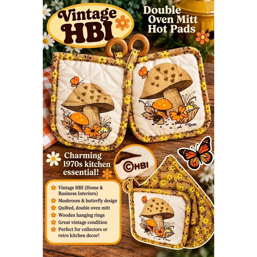 Mushroom Quilted Potholder & Oven Mitt Wood Ring HBI 1977 Set of 2 - VINTAGE